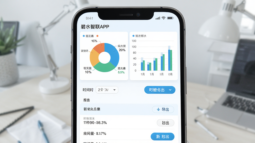 碧水智联APP数据报表界面,画面展示手机屏幕中的统计图表与导出选项,布局为上下结构,上方为饼图与柱状图,下方为报表列表,风格为清新浅色商务风,细节上包含数据标签、时间筛选器与导出按钮,画质高清,界面整洁,无多余元素
