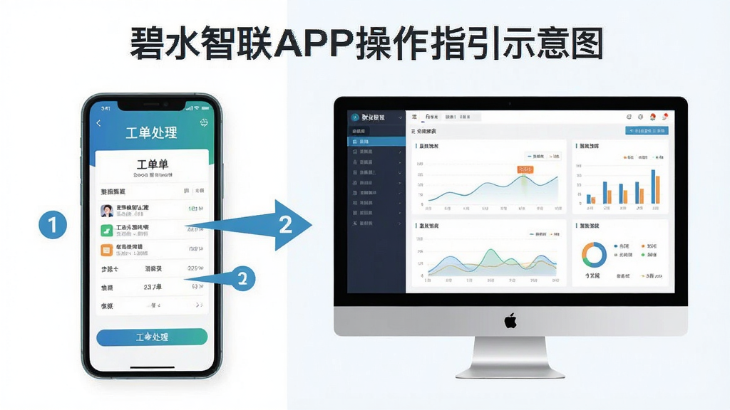 碧水智联APP操作指引示意图,画面展示手机屏幕与电脑屏幕并排,手机端显示工单处理界面,电脑端显示数据报表后台,布局为左右对比,风格为扁平化教学风,细节上包含箭头指引与步骤编号,画质清晰,画面干净,无多余元素