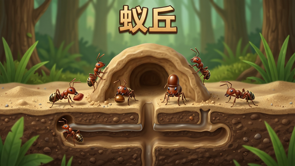 蚁丘软件主界面展示,画面中央是一座立体的蚂蚁巢穴截面图,周围有工蚁搬运食物、兵蚁巡逻,背景是森林土壤与草叶,布局为横版全景,排版上方有游戏名称“蚁丘”标题,风格为写实卡通融合,细节包含蚂蚁触角、沙粒质感、地下通道分层,画质高清,干净,无多余元素