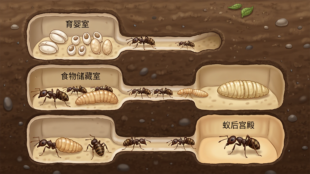 蚁丘蚂蚁生态模拟场景,画面展示地下巢穴的剖面结构,不同房间分别标注“育婴室”“食物储藏室”“蚁后宫殿”,工蚁在通道中穿梭,布局为纵向分层,排版清晰,风格为科普插画风,细节包含卵、幼虫、蛹的形态变化,画质高清,干净,无多余元素