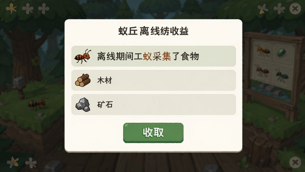 蚁丘离线收益界面,画面展示返回游戏后弹出资源收取面板,有“离线期间工蚁采集了食物”“木材”“矿石”等条目,布局为居中弹窗,排版简洁,风格为清新扁平化,细节包含蚂蚁图标、资源图标、收取按钮,画质高清,干净,无多余元素