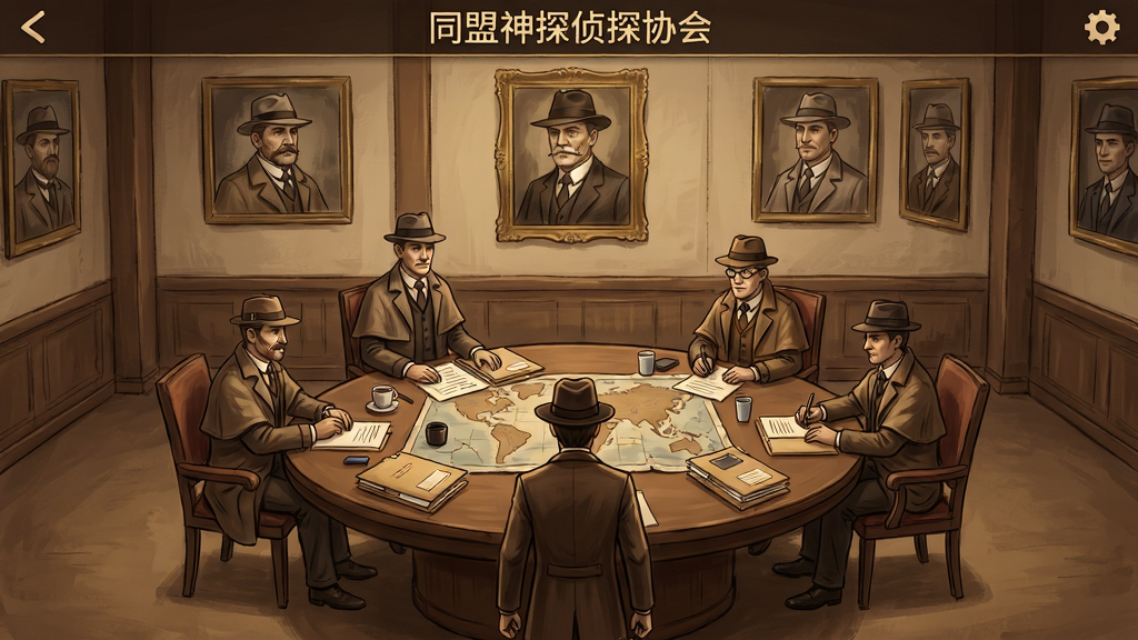 同盟神探侦探协会界面截图,画面展示一间古典风格的协会大厅,墙上挂着历代侦探肖像,中央有一张圆形会议桌,桌上铺着地图和案件档案,几位NPC侦探围坐讨论,玩家角色站在前方,风格为写实手绘,色调偏暖棕与金色,布局对称,排版整齐,画质高清,干净无多余元素
