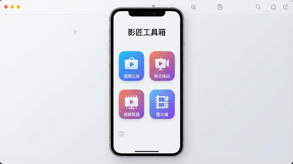 影匠工具箱软件主界面全景展示,画面中央是手机屏幕,屏幕内呈现影匠工具箱的首页布局,顶部有