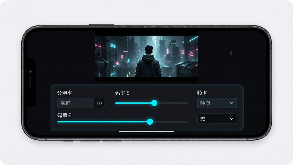 影匠工具箱视频处理功能界面展示,画面中一部智能手机横屏显示,屏幕上呈现视频压缩参数调节面板,包含分辨率选项、码率滑块、帧率选择等控件,界面采用深色主题搭配霓虹蓝高亮色,视频预览窗口位于上方,下方是参数调节区域,整体布局清晰合理,科技感十足,画质干净,无杂乱元素
