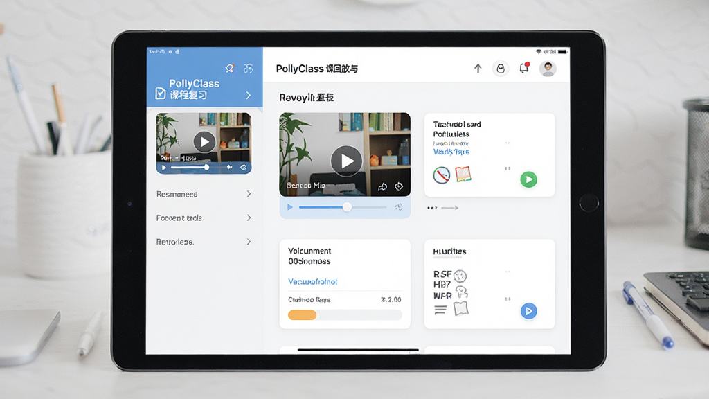 һ��PollyClass�γ̻ط��븴ϰ���ܵĽ���չʾͼ������������ƽ�������Ļ����Ļ����ʾ�γ̻ط��б��븴ϰ��Ƭ�����ֲ������˵����Ҳ��������Ľṹ���Ű��������򣬷��Ϊ��ˬѧϰ���߷磬ϸ�ڰ����ط�����ͼ�����Ű�ť����ϰ���������ʻ㿨Ƭ�����ʸ��壬�ɾ����޶���Ԫ��