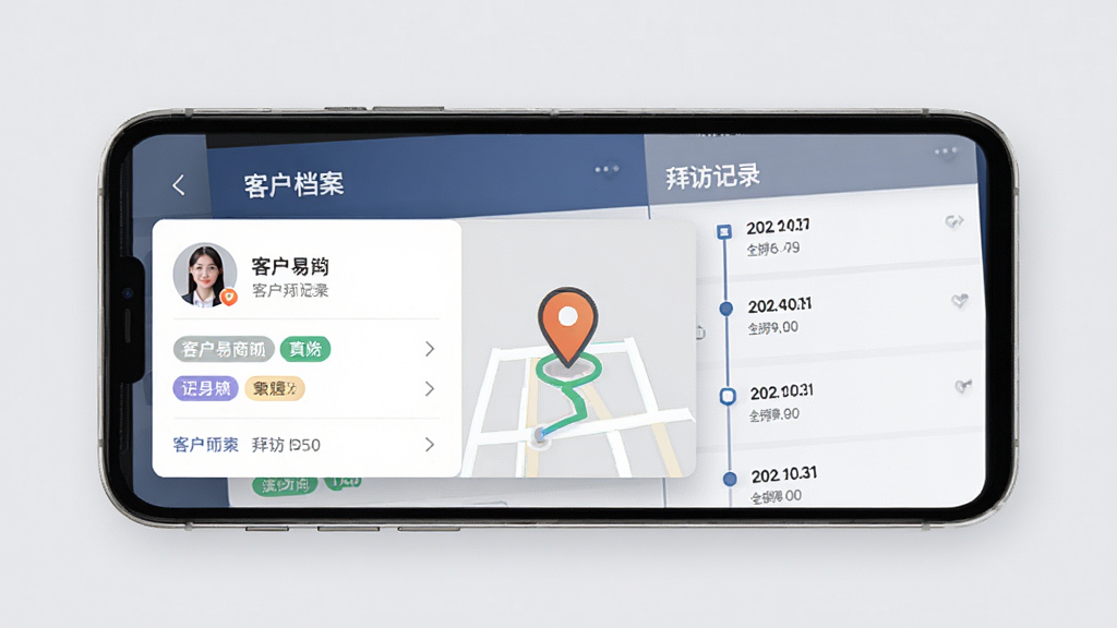 勤策易商贸客户拜访记录功能展示,画面中手机屏幕显示客户档案卡片与拜访记录时间线,旁边有地图定位小图标,背景为浅灰色,布局采用左右分栏,风格为清新商务,细节上突出头像、标签、时间戳清晰可见,画质高清,干净整洁,无多余元素