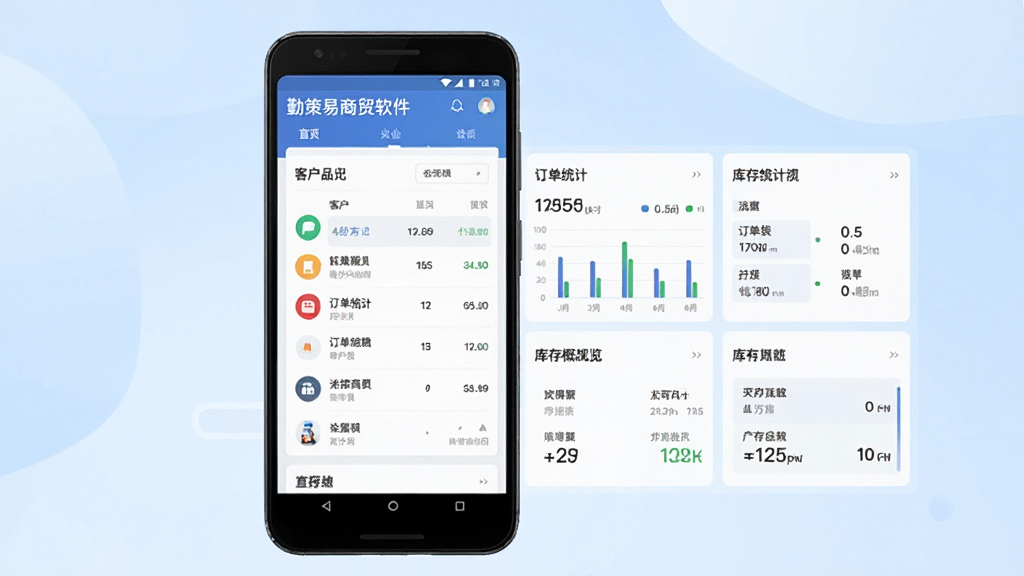 勤策易商贸软件主界面全貌展示,画面中央放置一部安卓手机,手机屏幕显示勤策易商贸App的首页仪表盘,包含客户列表、订单统计与库存概览等模块,背景为浅蓝色渐变,布局采用居中构图,风格为现代商务扁平化,细节上突出图标清晰、文字可读、数据卡片层次分明,画质高清,干净整洁,无多余元素