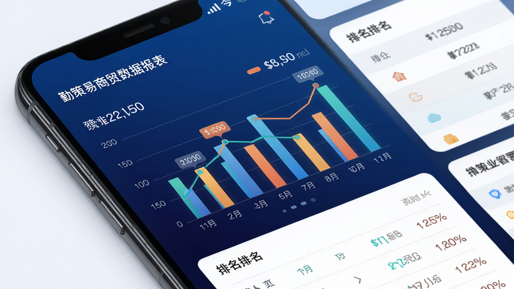 勤策易商贸数据报表页面,画面展示手机屏幕内柱状图与折线图组合,包含业绩数字和排名列表,背景为深蓝色渐变,布局采用卡片式排列,风格为科技商务,细节上突出图表颜色对比、数据标签清晰,画质高清,干净整洁,无多余元素