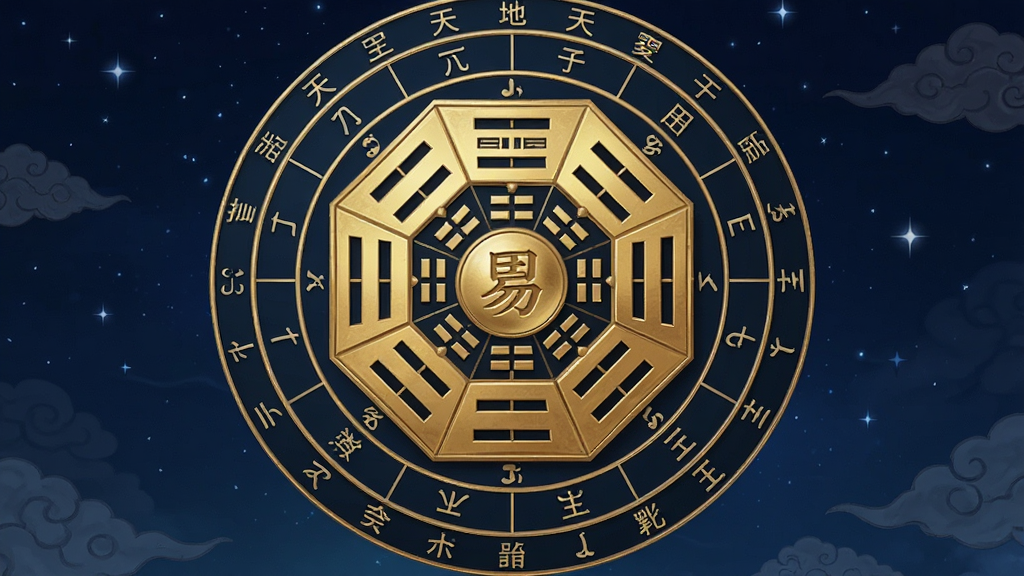 一张展示周易八卦罗盘手机应用主界面的图片,画面中央是精致的金色八卦罗盘,周围环绕着天干地支与二十四山方位刻度,背景为深蓝色星空与淡淡云纹,风格为传统中国风与现代科技感结合,细节清晰,画质干净,无多余元素