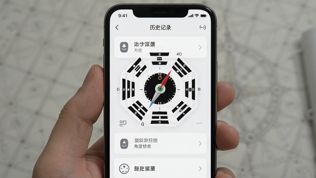 周易八卦罗盘应用的角度锁定与历史记录界面,手机屏幕显示已保存的方位列表,背景为浅色极简风格,图标清晰,排版整齐,画质干净,无多余元素