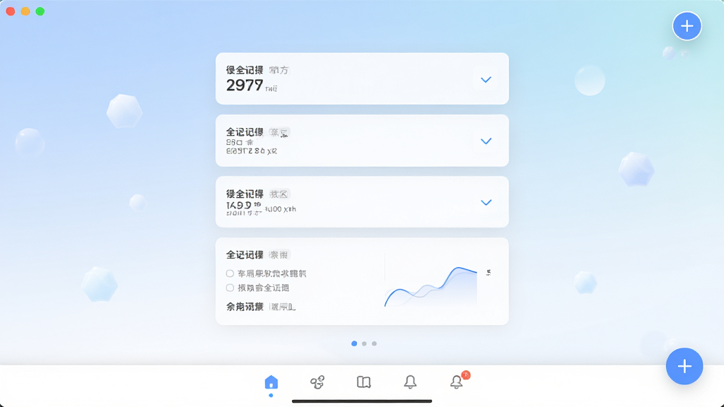软件全记得的官方主界面全貌展示,画面中央是简洁的记录卡片列表,背景采用淡雅的蓝白渐变色调,UI布局清晰,包含底部导航栏和悬浮添加按钮,风格现代简约,画质高清,干净无多余元素