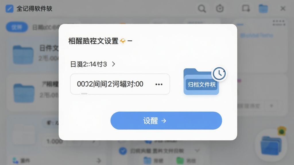 全记得软件内的提醒设置弹窗与归档文件夹图标,弹窗中显示日期时间选择器,归档文件夹带有时钟标记,整体UI风格统一,背景柔和不刺眼,画质清晰,细节丰富