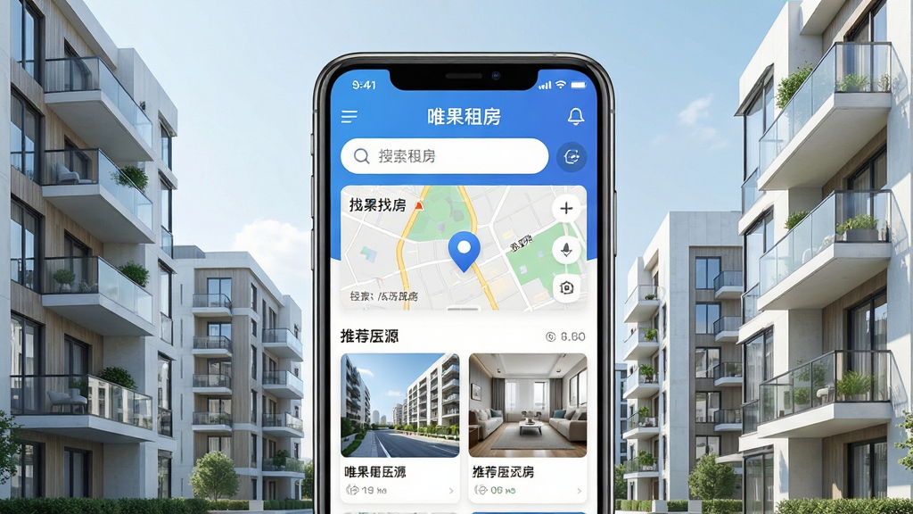 唯果租房APP主界面展示,画面中央是一部智能手机,屏幕内显示唯果租房应用首页,包含搜索框、地图找房入口和推荐房源卡片,背景为现代城市公寓楼群,风格清新明亮,细节清晰,画质干净,无多余元素