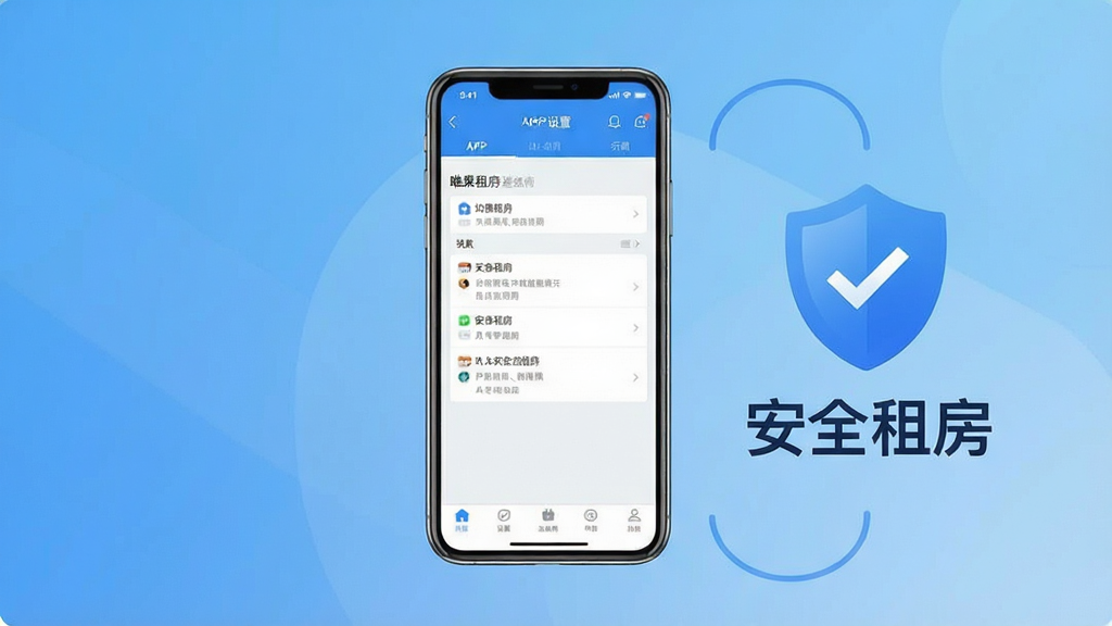 唯果租房新手避坑指南示意图,画面中一部手机显示APP设置页面,旁边有盾牌图标和提示文字“安全租房”,背景为简洁的蓝色渐变,风格清晰直观,细节干净,画质明亮,无多余元素