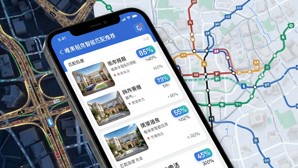 唯果租房智能匹配推荐界面,手机屏幕展示房源列表按匹配度排序,带有百分比匹配标签,背景为城市交通路网与地铁线路图,风格科技感与生活感结合,细节清晰,画质干净,无多余元素