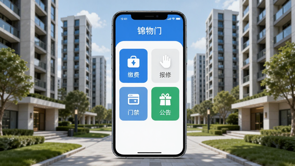 画面中央展示一部智能手机,屏幕内呈现“锦物门”应用主界面,界面包含缴费、报修、门禁、公告四个功能模块图标,背景为现代化高层住宅小区与绿树步道,整体采用扁平化科技风格,色调以蓝白为主,点缀少量绿色,画面干净整洁,高清画质,无多余元素