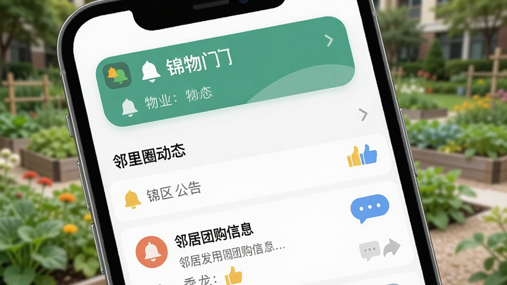 画面为手机屏幕特写,显示“锦物门”社区公告列表与邻里圈动态,屏幕上方有物业通知横幅,下方有邻居发布的团购信息,背景为模糊的社区花园场景,风格为扁平化UI展示,细节包含铃铛图标、点赞手势与评论气泡,画质干净明亮,无多余元素
