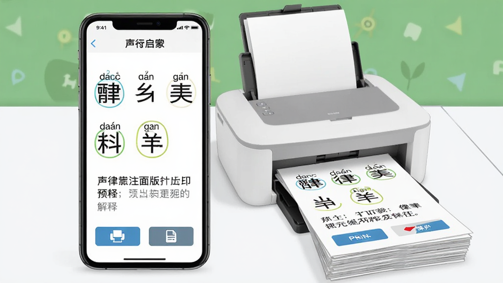 一张展示声行软件打印导出功能的界面图,画面中央为手机屏幕,屏幕上显示声律启蒙注音版打印预览页面,页面包含拼音、汉字与解释文字,屏幕下方有打印与保存按钮,手机旁边放着一台小型打印机与一叠打印好的纸张,整体布局上下呼应,风格为简约办公插画,细节上文字排版整齐、按钮清晰,画质高清干净,无多余元素
