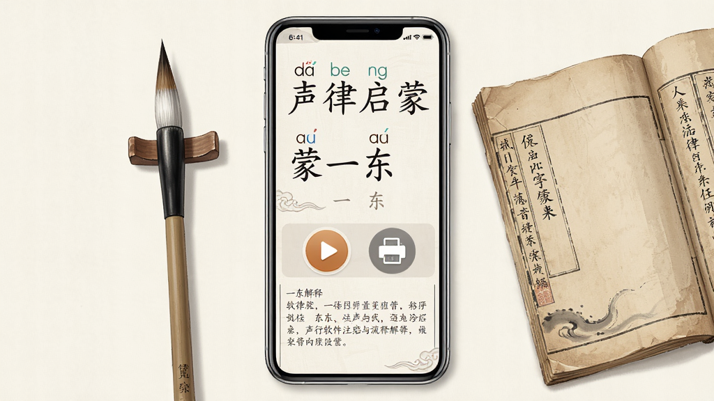 一张展示声行软件注音与解释功能的界面图,画面中央为手机屏幕,屏幕上显示声律启蒙一东的注音文字与下方对应的解释文字,文字排版整齐,一侧有播放按钮与打印图标,手机旁边放置一支毛笔与一本翻开的古书,整体布局左右平衡,风格为写实与插画结合,细节上拼音清晰、文字可读,画质高清干净,无多余元素