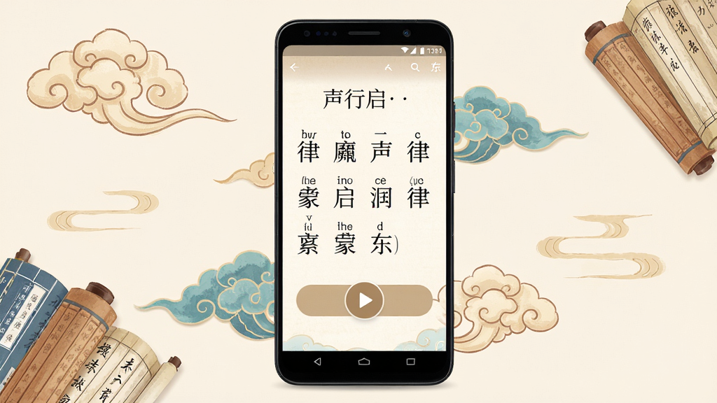 一张展示声行软件界面的手机预览图,画面中央放置一部竖屏安卓手机,手机屏幕上显示声行软件的主界面,界面包含声律启蒙一东的注音文字与播放按钮,手机周围环绕着淡雅的中国风祥云与书卷元素,整体布局简洁居中,风格为国风清新插画,细节上文字清晰可辨,背景为浅米色,画质高清干净,无多余元素