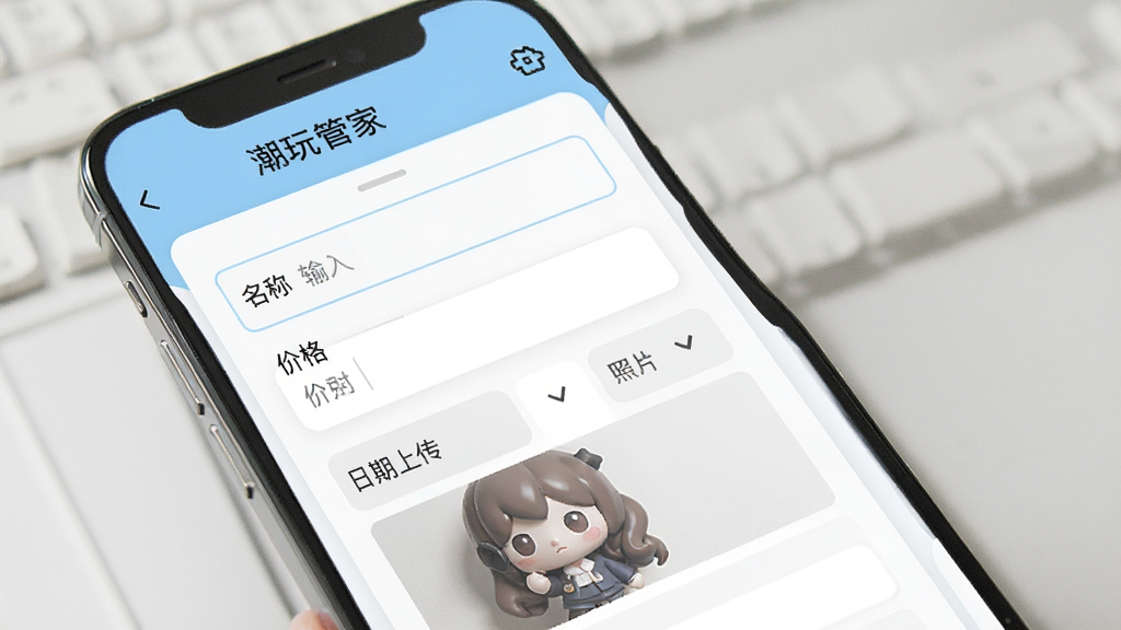 潮玩管家收藏管理功能界面展示,手机屏幕显示详细的潮玩藏品信息录入页面,包含名称输入框、价格输入框、日期选择器、照片上传区域等表单元素,界面采用卡片式布局,配色以白色和浅蓝色为主,屏幕上方有“潮玩管家”文字标识,整体风格简洁专业,画质清晰,干净无多余元素