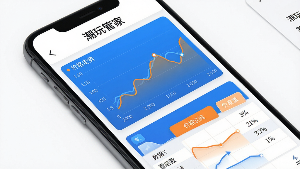 潮玩管家市场行情功能界面展示,手机屏幕显示价格走势折线图和价格区间数据表格,图表颜色为蓝色和橙色搭配,页面顶部有“潮玩管家”文字标识,背景为白色,界面干净整洁,数据可视化效果清晰,画质高清,无多余元素