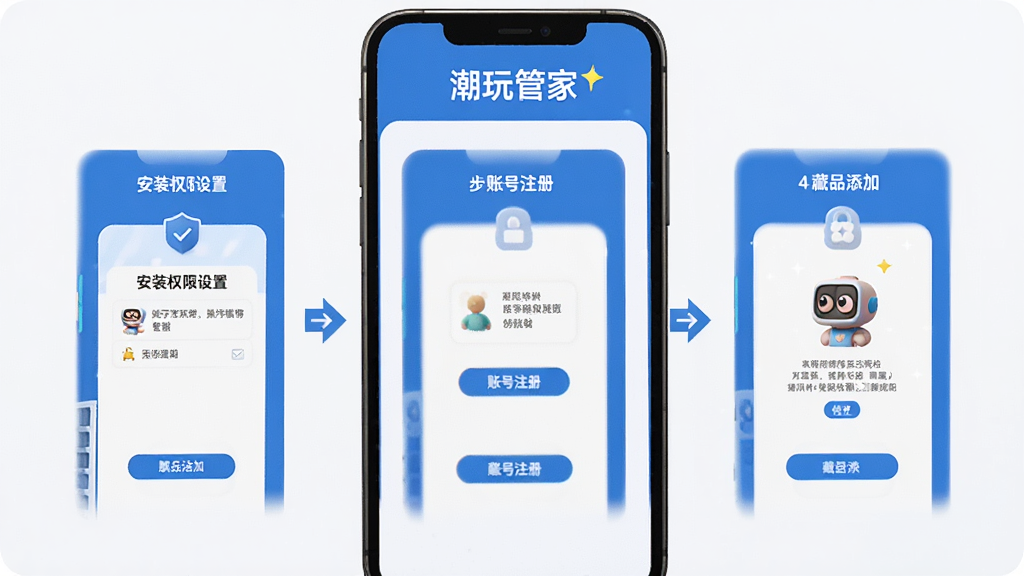 潮玩管家新手操作指引界面展示,手机屏幕显示分步操作图示,包含安装权限设置、账号注册、藏品添加等步骤的截图示意,界面采用蓝色主色调,顶部有“潮玩管家”文字标识,整体风格简洁直观,画质清晰,干净无多余元素