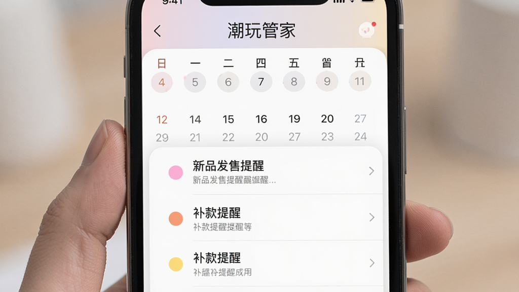 潮玩管家提醒备忘功能界面展示,手机屏幕显示日历视图和提醒事项列表,包含新品发售提醒、补款提醒等条目,每条提醒前有彩色圆点标识,界面配色柔和,顶部有“潮玩管家”文字标识,整体布局清晰易读,画质高清,无多余元素