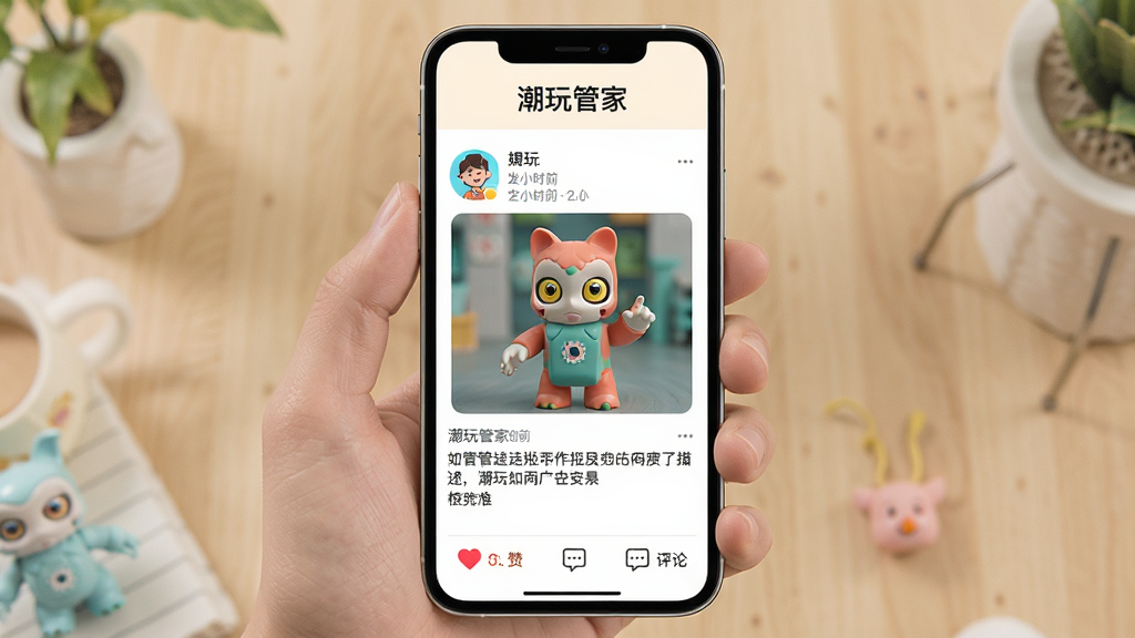 潮玩管家社区交流功能界面展示,手机屏幕显示社区帖子信息流,每条帖子包含用户头像、昵称、发布时间、潮玩图片和文字描述,底部有点赞评论图标,界面采用浅色背景,顶部有“潮玩管家”文字标识,整体氛围活跃友好,画质清晰,干净无多余元素