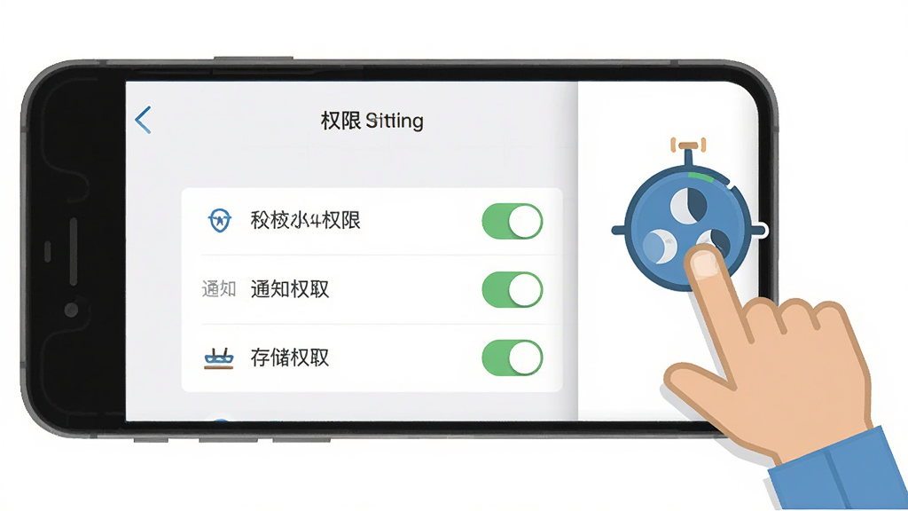 新手操作示意图,画面中一部手机显示月相钓鱼潮水表的权限设置页面,旁边有手指点击屏幕的图标,布局为居中构图,排版清晰,风格为扁平化教程风,细节包括定位权限开关、通知权限开关、存储权限开关,画质高清,干净,无多余元素