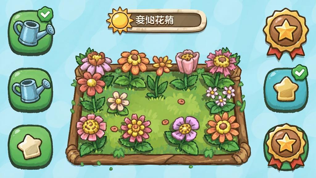 �����ʻ�԰��԰�����淨����ͼ����������Ϊ���⻨԰����������Ϊ���뻨԰�������Χ���ܰ�ť���Ű���ã����Ϊ��ͨ�ֻ�磬ϸ�ڰ�������ʢ���Ļ��䡢��ˮ��ͼ�ꡢ����ֵ��ʾ���ȼ����£��������ޣ��ɾ����޶���Ԫ��