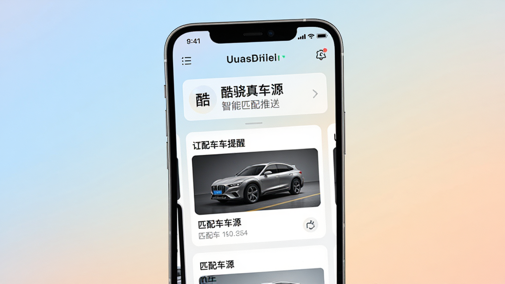 酷骁真车源智能匹配推送界面,手机屏幕显示订阅提醒与匹配车源卡片,背景为柔和渐变色调,排版整齐,风格清新浅色,细节清晰,画质干净,无多余元素