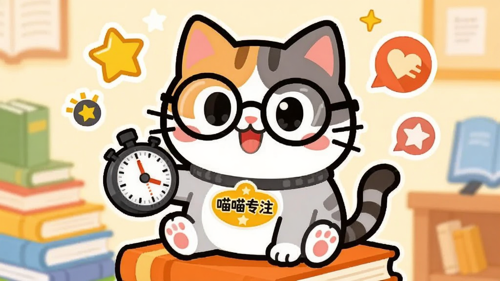 一只戴着眼镜的卡通猫咪坐在书堆上,手里拿着计时器,周围环绕着星星和奖励图标,主体突出猫咪形象,横版构图,扁平化插画风格,色彩明亮活泼,细节包括猫咪胸前的“喵喵专注”标识和背景中的学习元素,画质清晰干净无多余元素