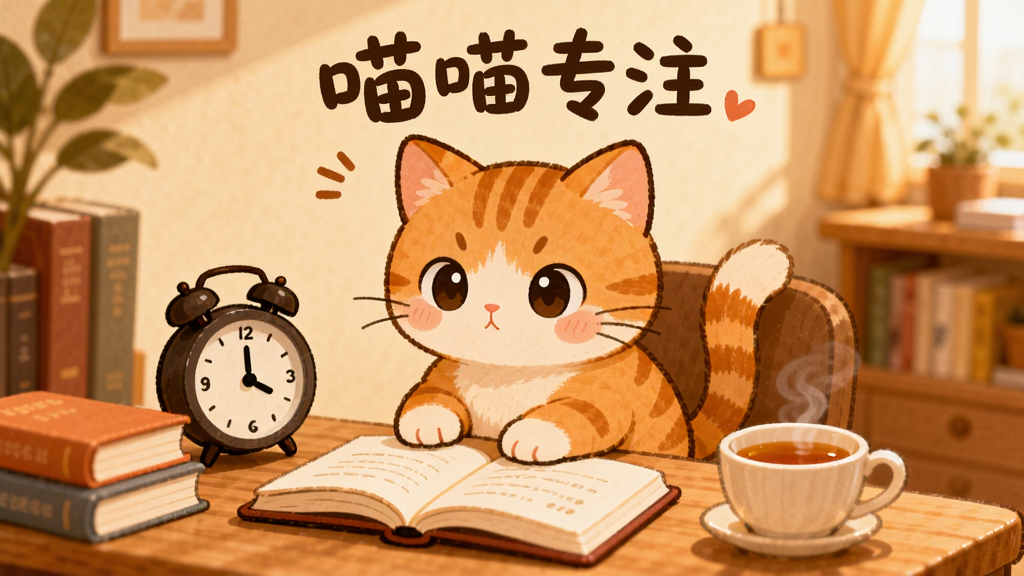 一只可爱的橘色小猫坐在书桌前,桌上摆放着闹钟、书本和一杯热茶,背景是温馨的暖色调房间,主体居中布局,竖版海报排版,卡通手绘风格,细节丰富包括猫咪专注的眼神和微微翘起的尾巴,画质清晰干净无多余元素,画面中带有“喵喵专注”文字
