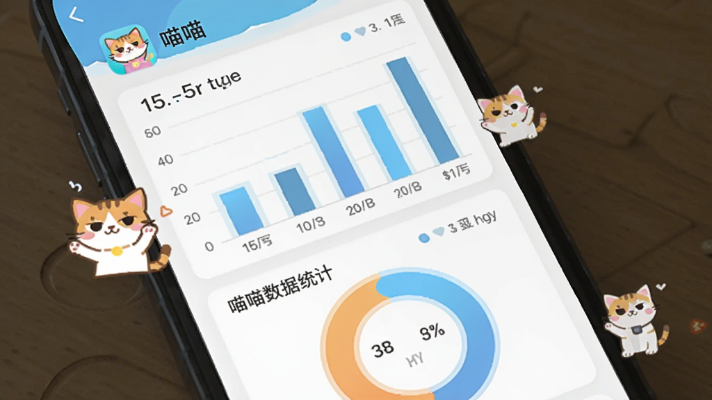 界面截图风格的画面,展示手机屏幕上的专注数据统计图表,包括柱状图和环形图,数据清晰可见,主体为手机界面布局,竖版排版,扁平化设计风格,细节包括“喵喵专注”应用图标和可爱的猫咪吉祥物点缀在图表旁,画质清晰干净无多余元素