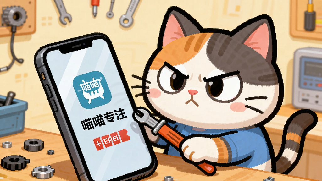 卡通猫咪手持工具修理手机屏幕,屏幕上显示“喵喵专注”图标和错误提示,主体为猫咪和手机互动,横版构图,幽默搞笑插画风格,细节包括猫咪认真的表情和周围散落的工具零件,画质清晰干净无多余元素