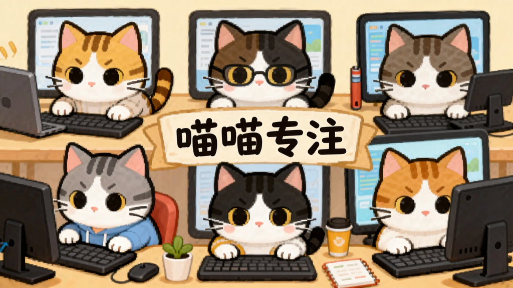 一群卡通猫咪坐在各自的电脑前专注学习,画面中央有“喵喵专注”的横幅,主体为多只猫咪的群像布局,横版构图,温馨治愈系插画风格,细节包括每只猫咪面前的学习工具和专注表情,画质清晰干净无多余元素