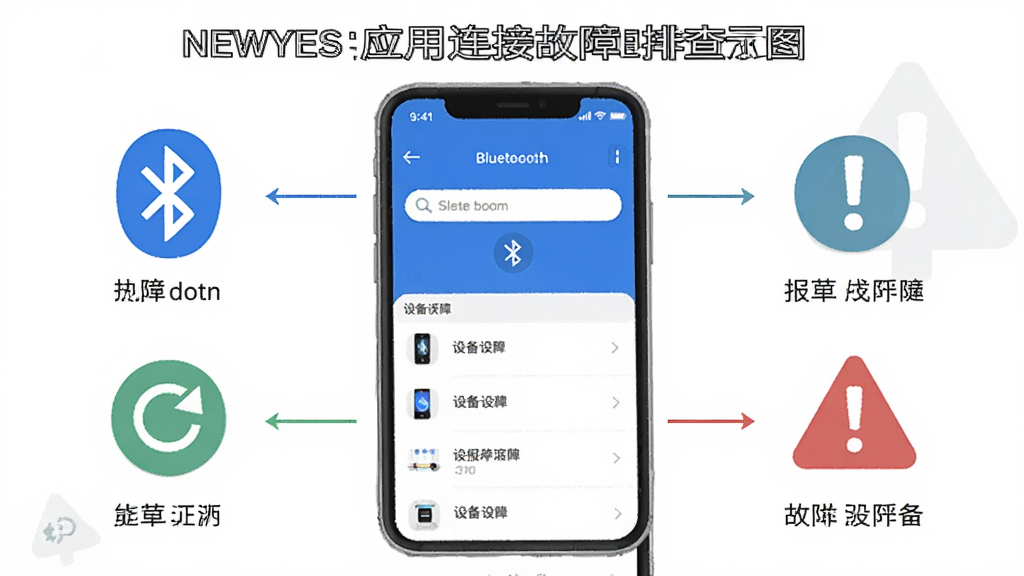 NEWYES应用连接故障排查示意图,画面中央是手机屏幕显示蓝牙搜索界面和设备列表,旁边有故障排查步骤的图标提示,布局采用信息图风格,风格为教程示意图,细节包括蓝牙图标、设备名称、刷新按钮、感叹号提示符号,画质清晰,干净,无多余元素