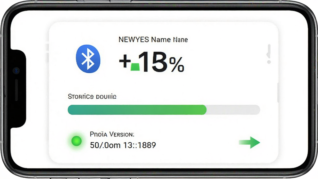 NEWYES应用设备状态查看界面展示,画面中央是手机屏幕显示设备信息面板,包括电量百分比、存储空间使用条、固件版本号,布局采用居中构图,风格为信息展示图,细节包括蓝牙图标、设备名称、状态指示灯,画质清晰,干净,无多余元素