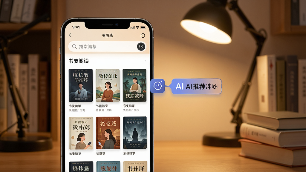 一张展示书枝阅读智能推荐功能的场景图,画面主体是一个手机屏幕,屏幕中显示着书枝阅读的推荐页面,页面顶部有搜索框,下方是各种书籍封面的网格排列,旁边有一个AI推荐标签,背景是书房环境,有台灯和几本书,风格温馨科技感,细节清晰,画质高清,干净无杂物