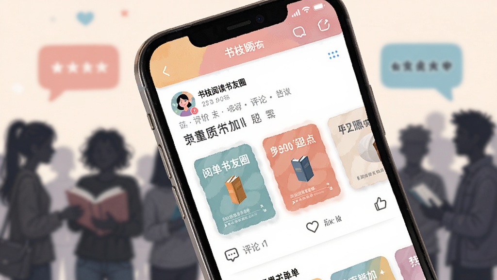 一张展示书枝阅读书友圈互动界面的图片,手机屏幕上显示着用户发布的动态和书单卡片,有评论、点赞图标,界面色彩丰富但柔和,背景是模糊的人群剪影,象征社区交流,风格活泼,画质清晰,无杂乱文字