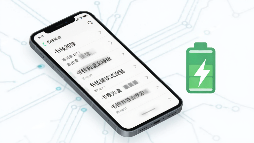 一张展示书枝阅读流畅运行与低功耗特性的概念图,画面主体是一部手机,屏幕显示书枝阅读的章节列表,快速滑动无拖影,手机旁边有一个绿色的电池图标和闪电符号,背景是简洁的科技线条,风格扁平化,画质干净,无多余装饰