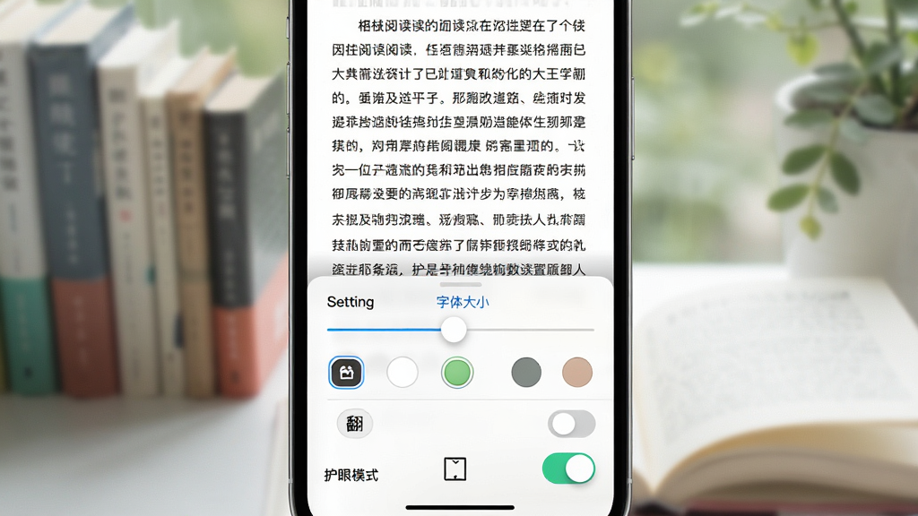 一张展示书枝阅读阅读界面设置面板的图片,手机屏幕中央显示小说正文,底部弹出设置菜单,菜单中包含字体大小滑块、背景颜色选择、翻页模式图标和护眼模式开关,界面设计简洁直观,背景虚化处理,风格清新,画质锐利,无多余元素