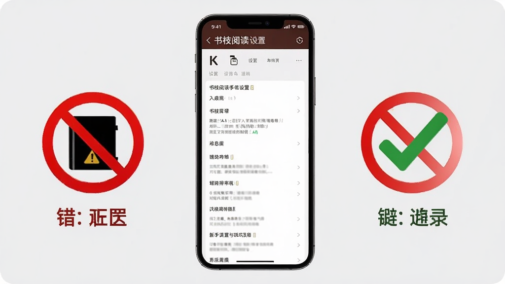 一张展示书枝阅读新手设置与避坑要点的信息图,画面主体是手机屏幕显示书枝阅读的设置菜单,旁边有红色禁止符号和绿色对勾符号分别标注错误与正确操作,背景是干净的浅灰色,风格简洁警示,画质清晰,无多余装饰