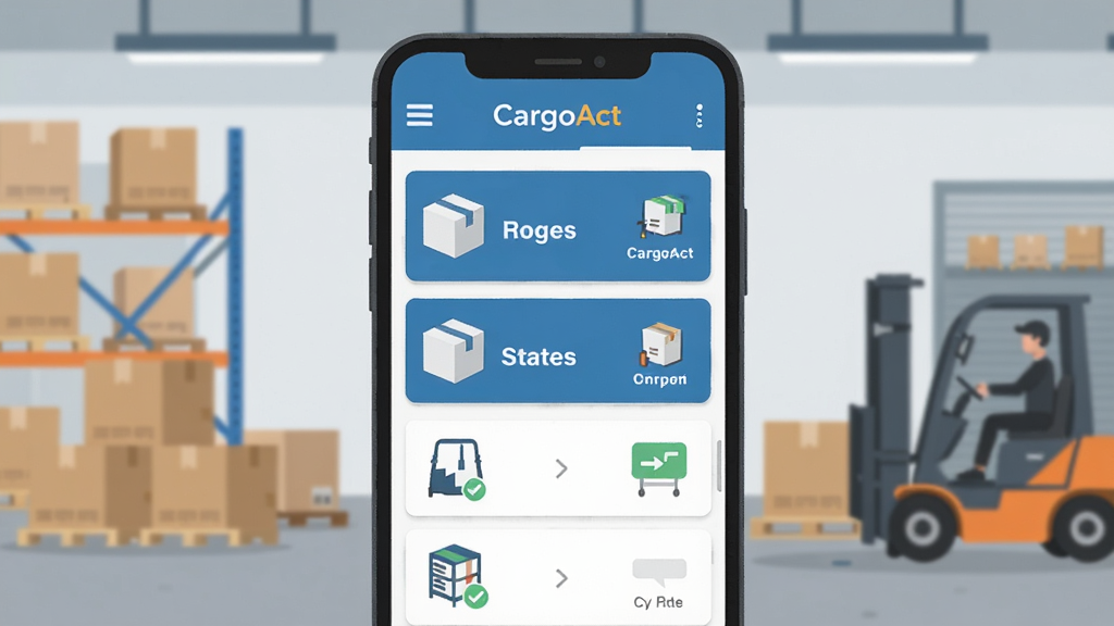 一张展示CargoAct软件主界面的图片,画面中央是手机屏幕,屏幕上显示货物列表和运输状态图标,背景为现代物流仓库场景,有纸箱和叉车元素,整体布局简洁清晰,风格为扁平化商务插画,细节包括蓝色主色调、图标清晰、文字标注
