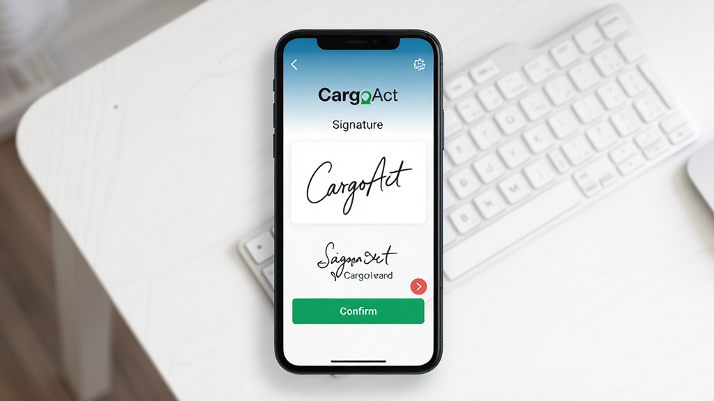 一张展示CargoAct电子签收功能的图片,画面为手机屏幕显示签名区域和签收成功提示,背景为简洁的白色桌面,布局为居中展示,风格为写实UI风格,细节包括手写签名轨迹、确认按钮、文字标注