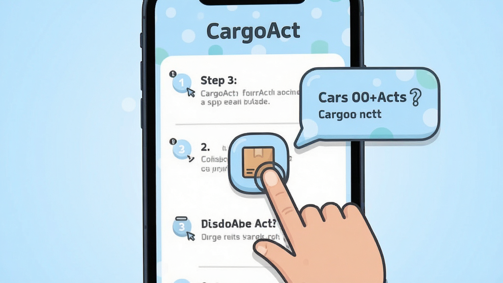 一张展示CargoAct新手操作提示的图片,画面为手机屏幕显示引导步骤和提示气泡,背景为简洁的浅蓝色渐变,布局为居中展示,风格为扁平化卡通插画,细节包括手指点击图标、步骤序号、文字标注