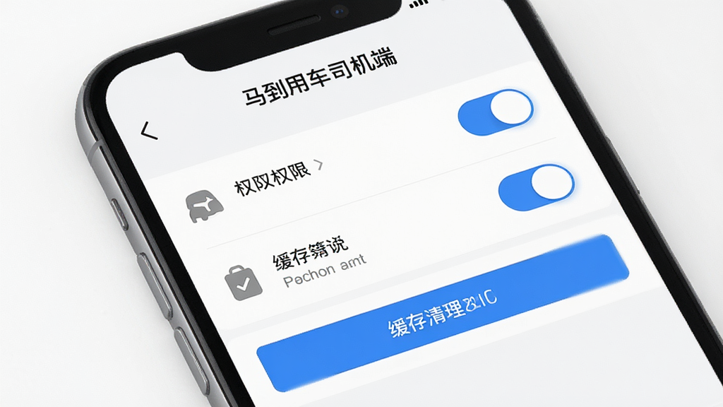 画面主体为手机屏幕显示“马到用车司机端”设置页面,布局为列表式,包含权限开关与缓存清理按钮,风格清爽素雅,细节包括蓝色开关、灰色图标、白色背景,画质高清,干净,无多余元素