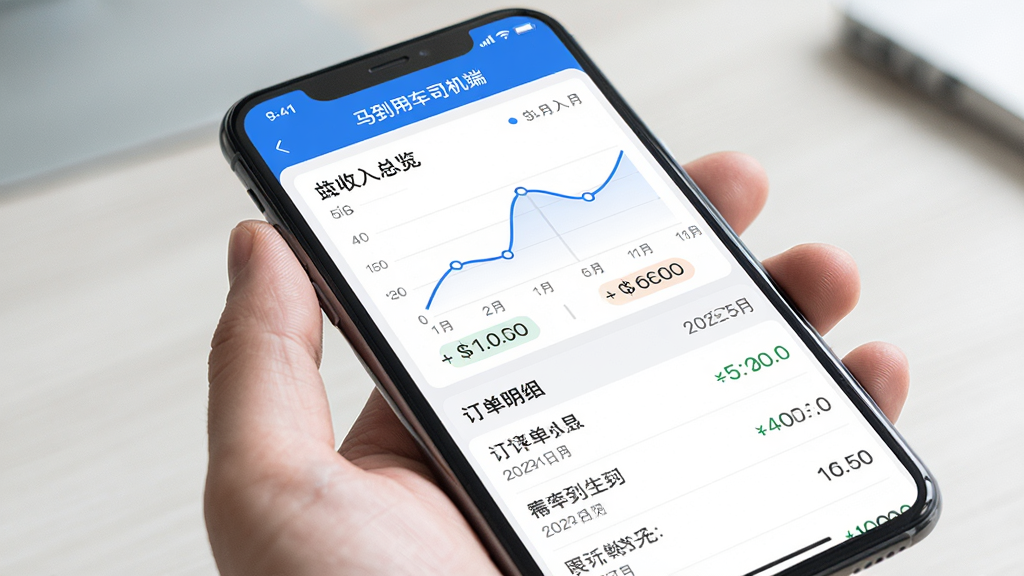 画面主体为手机屏幕展示“马到用车司机端”收入统计页面,布局为上下结构,上方为收入总览图表,下方为订单明细列表,风格简约商务,细节包括蓝色折线图、数字金额、日期标签,画质高清,干净,无多余元素