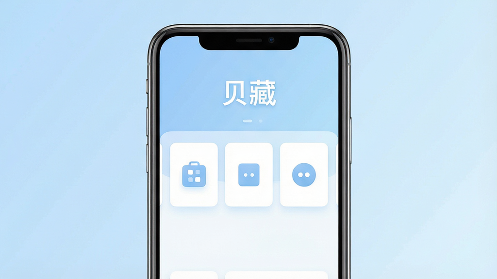 一张展示“贝藏”手机应用主界面的预览图,画面中央是一部竖屏智能手机,屏幕内显示简洁的卡片式布局,顶部有“贝藏”文字标识,下方排列三个功能图标按钮,背景为浅蓝渐变色调,整体风格干净清爽,无多余装饰元素,画质清晰,细节锐利,构图居中,排版整齐